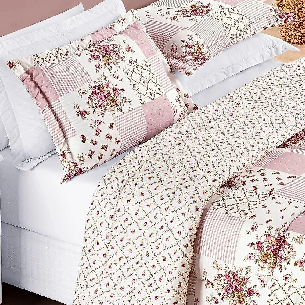 Edredom 2,40m X 2,20m + Jogo De Cama Dupla Face Bouti Queen 07 Peças 100% Poliéster - Rosa Matura