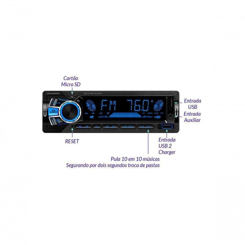 Miniatura Auto Rádio Automotivo RS-2751BR Plus para Carro com MP3 Bluetooth FM USB Roadstar Brasil