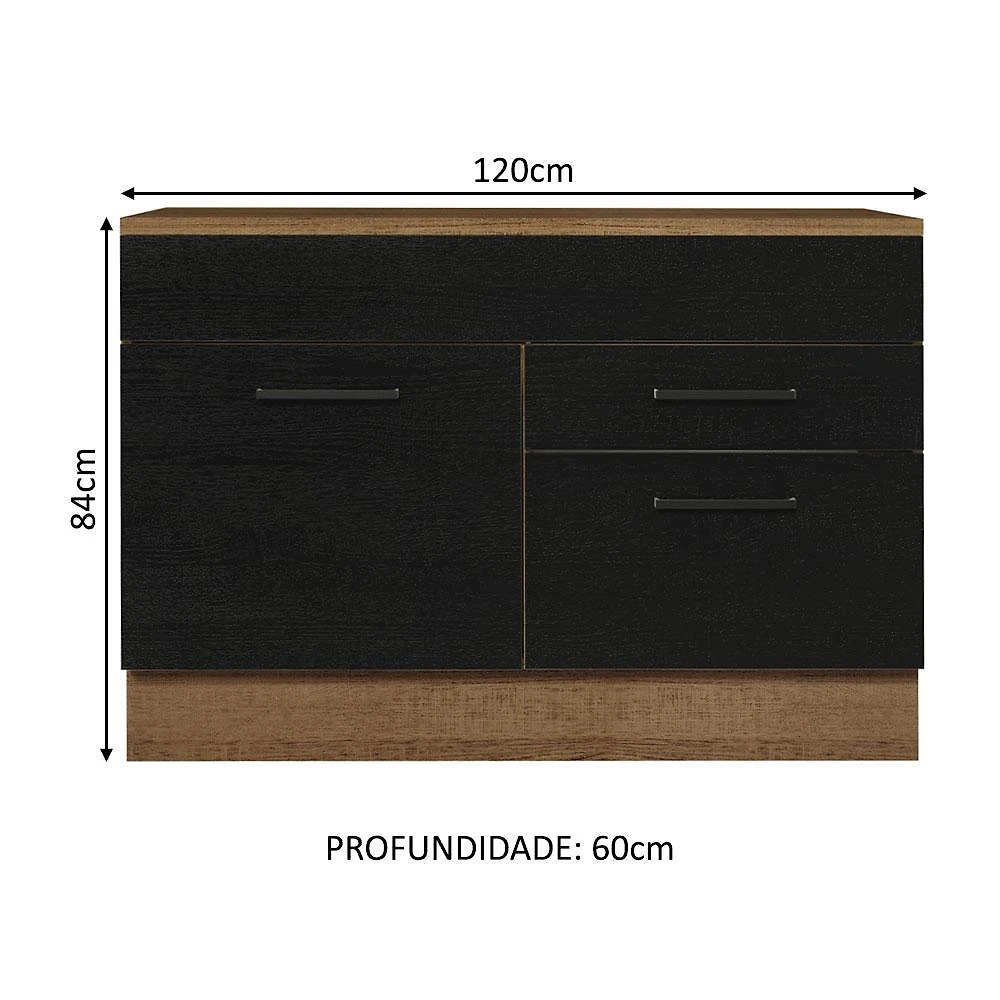Balcão gabinete de pia cozinha 120 x 60 cm 1 porta 2 gavetas rustic/preto (com tampo) agata madesa