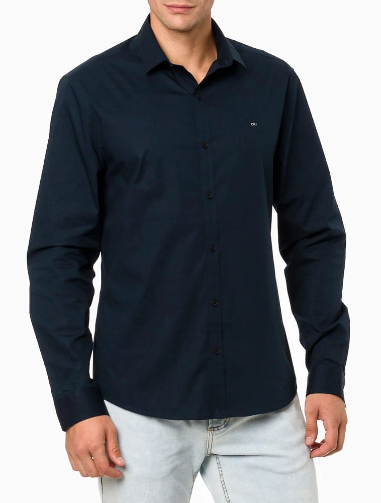 Camisa Manga Longa Slim Lisa Básica Logo No Peito Calvin Klein Jeans - Azul Marinho