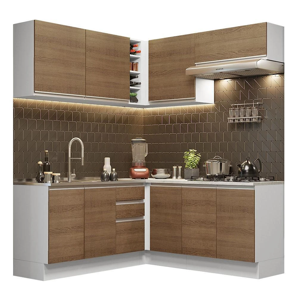 Cozinha completa de canto madesa glamy 349003 com armário e balcão (sem tampo e pia) - branco/rustic