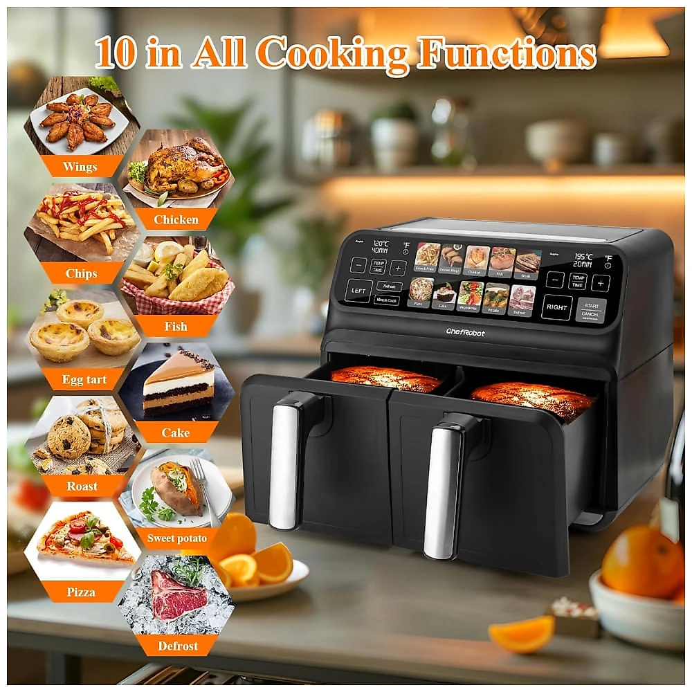 Air Fryer 7.5L com Painel Digital, Cesto Duplo Antiaderente e 10 Receitas Incluídas, 110V 2200W, ChefRobot GL-AF1707, Preta 110v