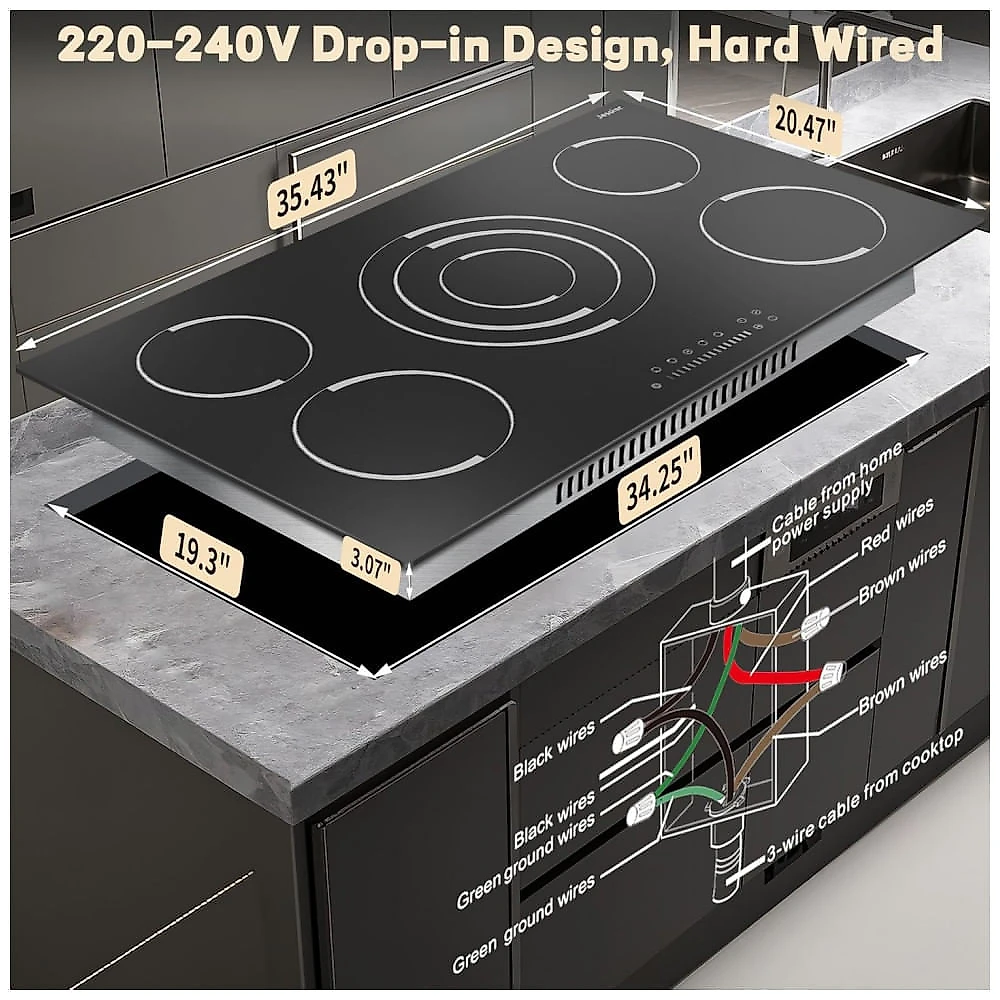 Cooktop elétrico vitrocerâmico 91cm 5 zonas Jessier 9200W touch slide anel triplo timer trava segurança 220V