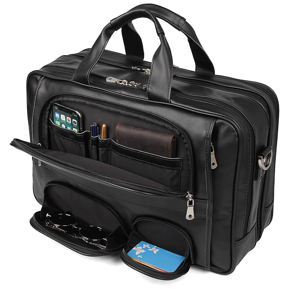 Bolsa Carteiro Masculina de Couro Genuíno para Laptop com 17,3 Polegadas e Fecho em Zíper, Texas, Preta