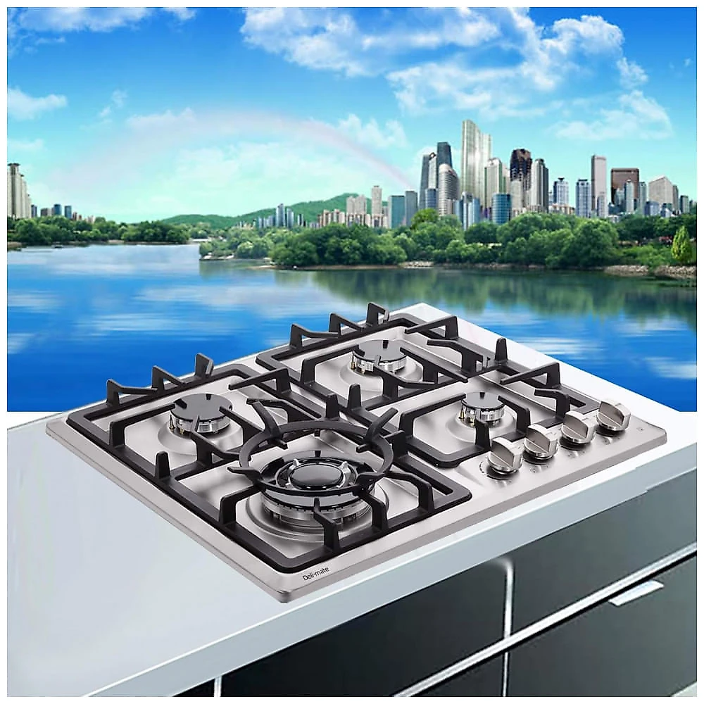 Cooktop a gás 59cm Deli-mate inox 4 queimadores selados 27500BTU dual fuel GN/GLP acendimento elétrico 110V