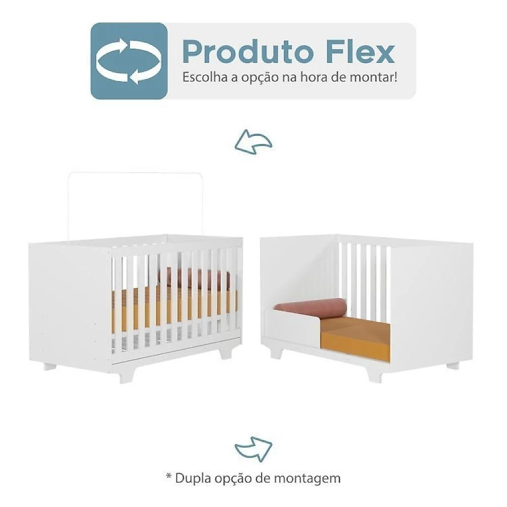 Quarto de Bebê com Berço Mini Cama, Cômoda1 Porta 4 Gavetas e Roupeiro 4 Portas 3 Gavetas Branco