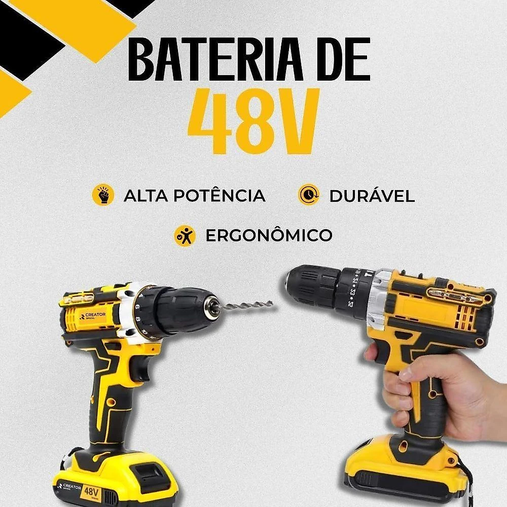 Parafusadeira e Furadeira de Impacto sem Fio 48V Bivolt com 2 Baterias 32 Acessórios Preto
