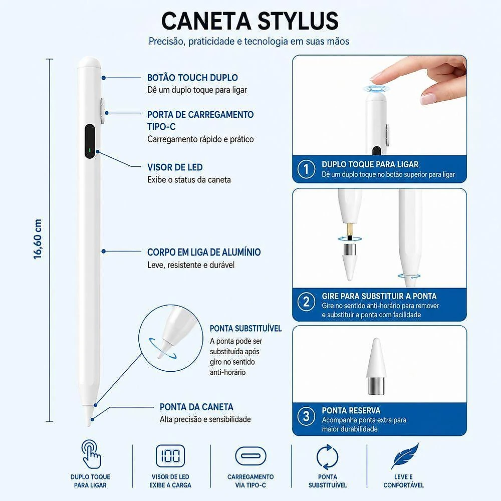Caneta Touch Stylus Pencil KA-0211 com Display Digital LED e 03 Pontas Kapbom