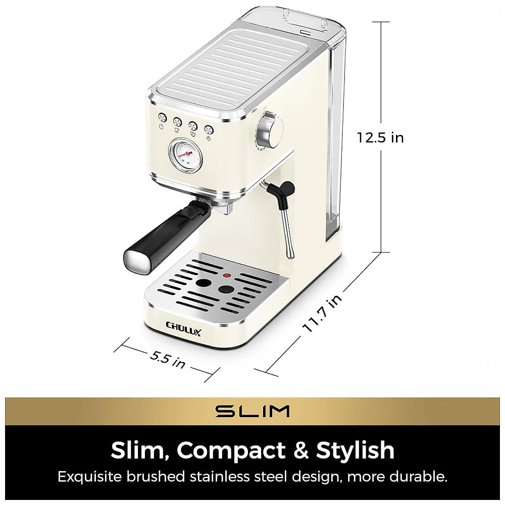 Cafeteira Espresso CHULUX Slim 20 Bar, Vaporizador de Leite, 1,18L, Bomba Italiana, Pré-Infusão, 110V - Creme