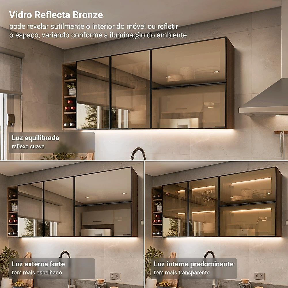 Kit 2 Armarios Aereos de Cozinha GRPR1200017K 120CM 3 Portas MDF-MDP Vinil Vidro Reflecta Bronze webcontinental-7891760202802