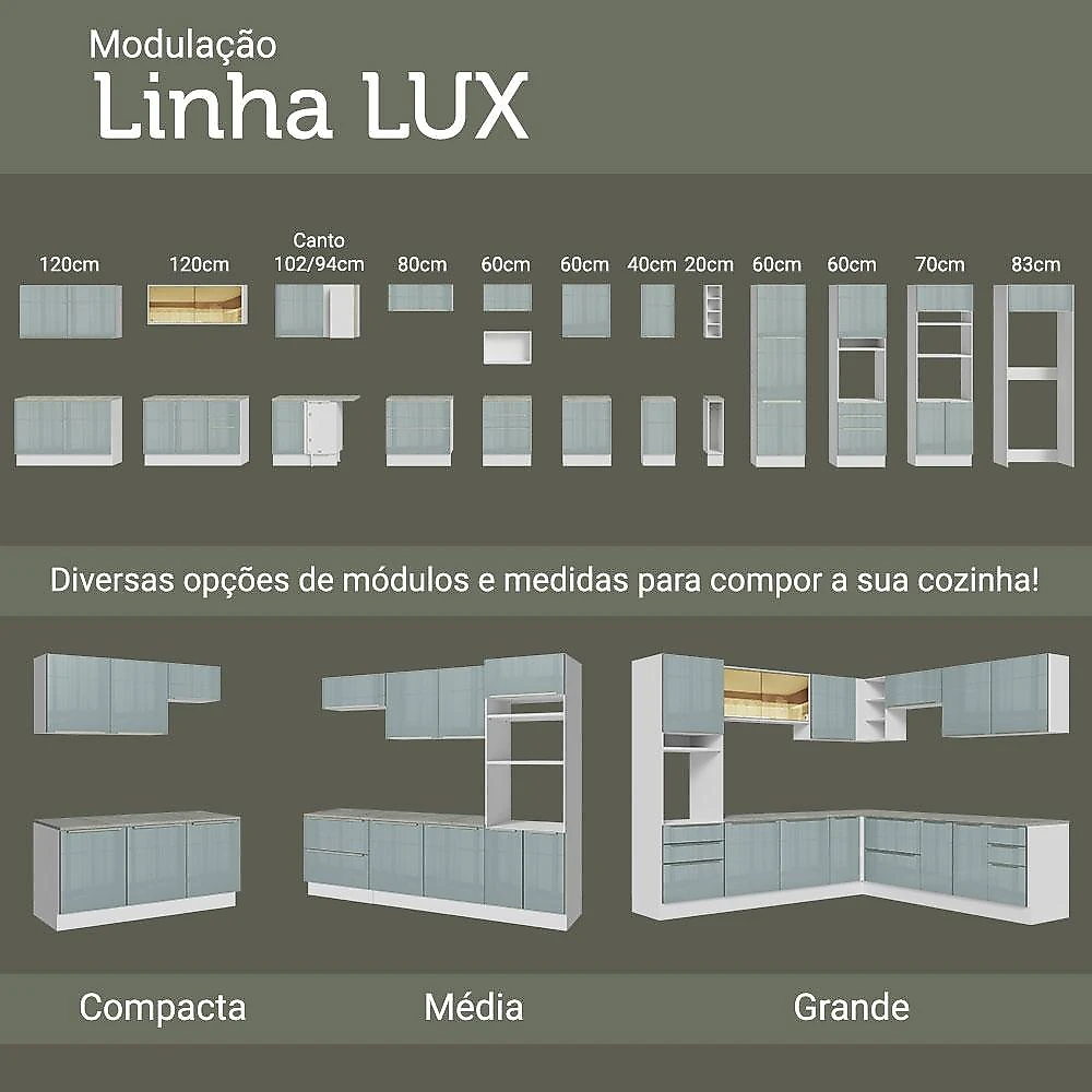 Armário de Cozinha Completa 240cm Branco/Cinza Lux Madesa 05 Branco/Cinza
