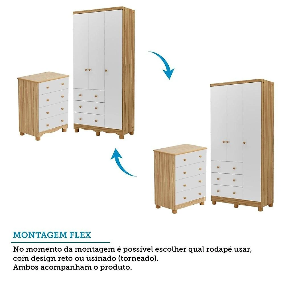 Quarto de Bebê com Guarda Roupas 3 Portas Cômoda e Berço com Rodizio Mimo 100% Mdf Espresso Móveis Branco Brilho/Amêndoa