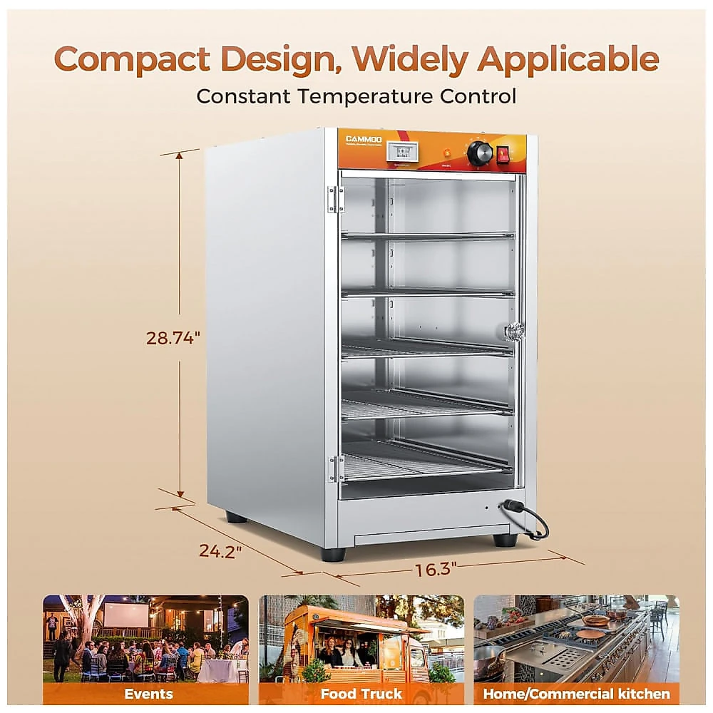 Aquecedor Alimentos Comercial CAMMOO 126L Aço Inoxidável 5 Andares Elemento Aquecimento 304 Porta Vidro Temperado Prateleiras Ajustáveis 900W 120V