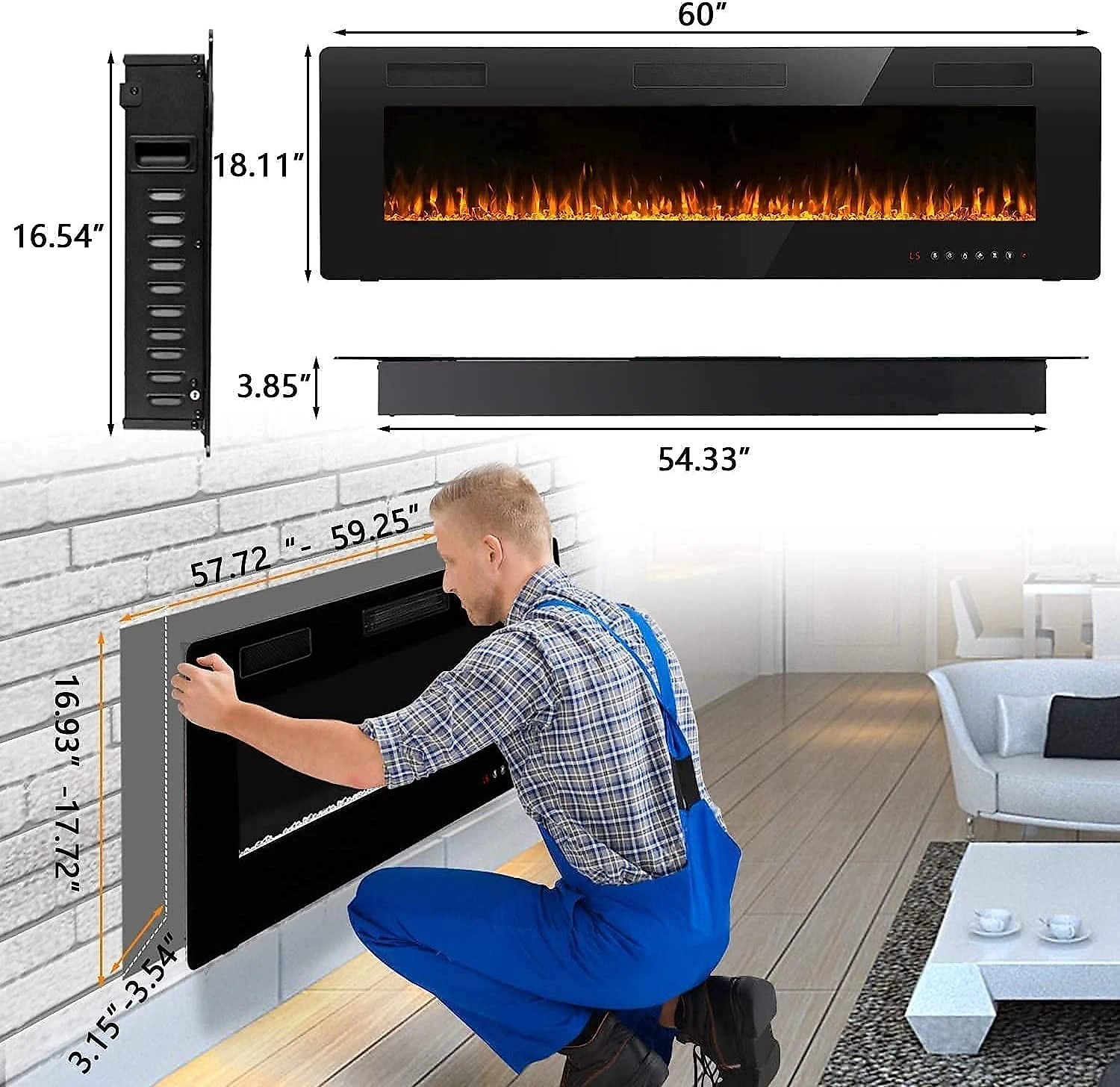 BOSSIN Lareira Eletrica de Embutir A45x152L com Controle Remoto e Digital Luz LED Chama Ajustavel e Temporizador