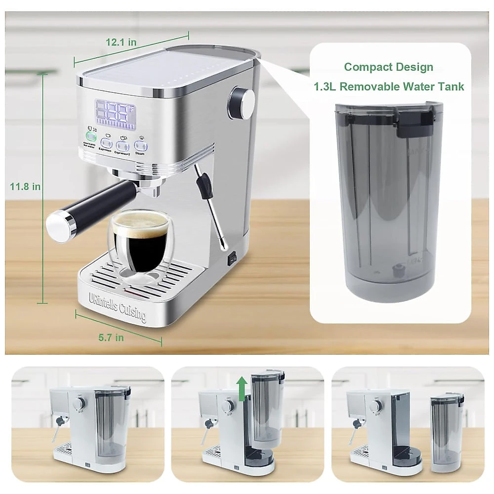 Máquina de Café Expresso 20 Bar com Display LED, Vaporizador de Leite e Filtro de Cápsula ESE, 110V 1350W, URintells, Prata 110v