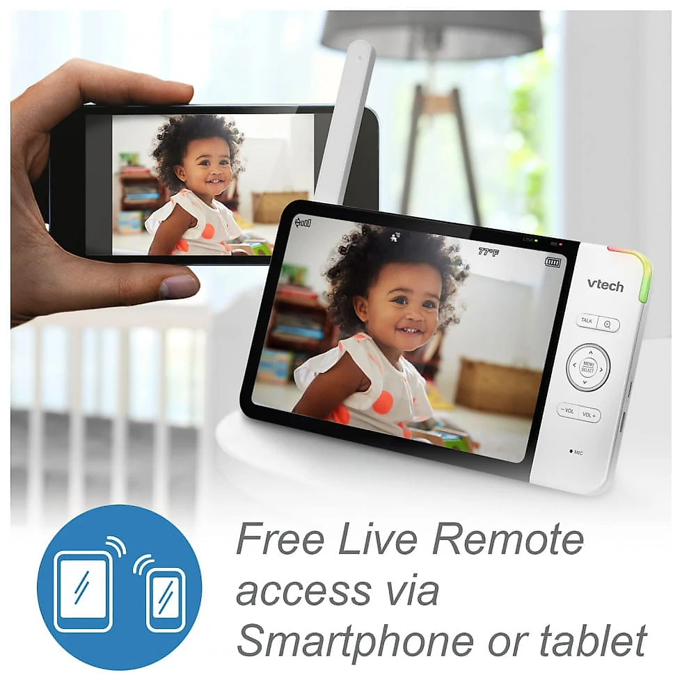 Baba Eletrônica Câmera 1080P e Monitor HD 360 720P com Visão Noturna, VTECH RM7764HD, Branco