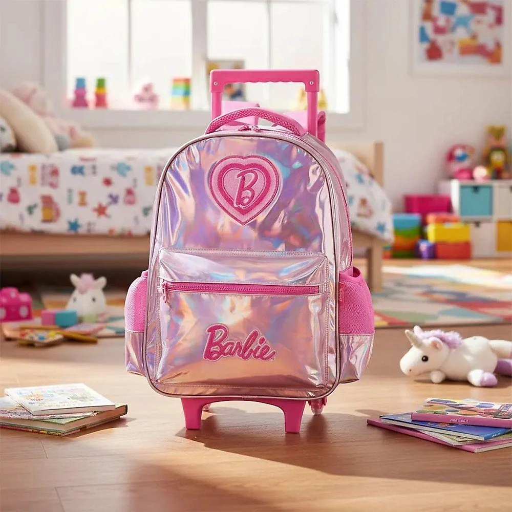 Kit Mochila Rodinhas Estojo Escolar Infantil Barbie Rosa Holográfica com Alça Luxcel