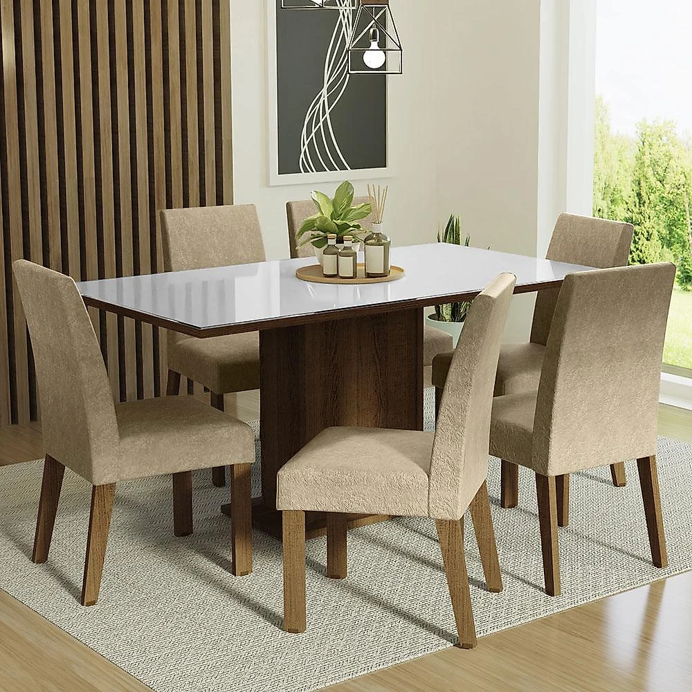 Conjunto sala de jantar mesa tampo de vidro 6 cadeiras rustic/branco/imperial alexis madesa