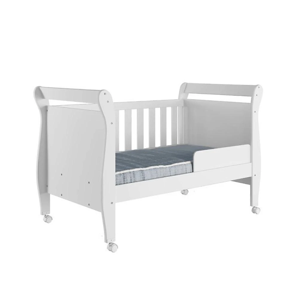Quarto de Bebê Berço Mini Cama, Cômoda 1 Porta 4 Gavetas e Roupeiro Flocos 3 Portas 2 Gavetas Branco