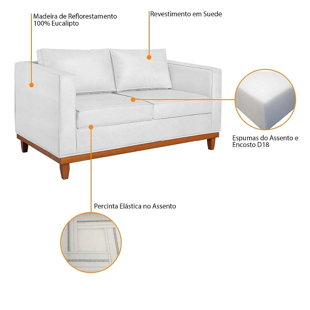 Sofá 2 Lugares 140cm Suede Esper  Branco