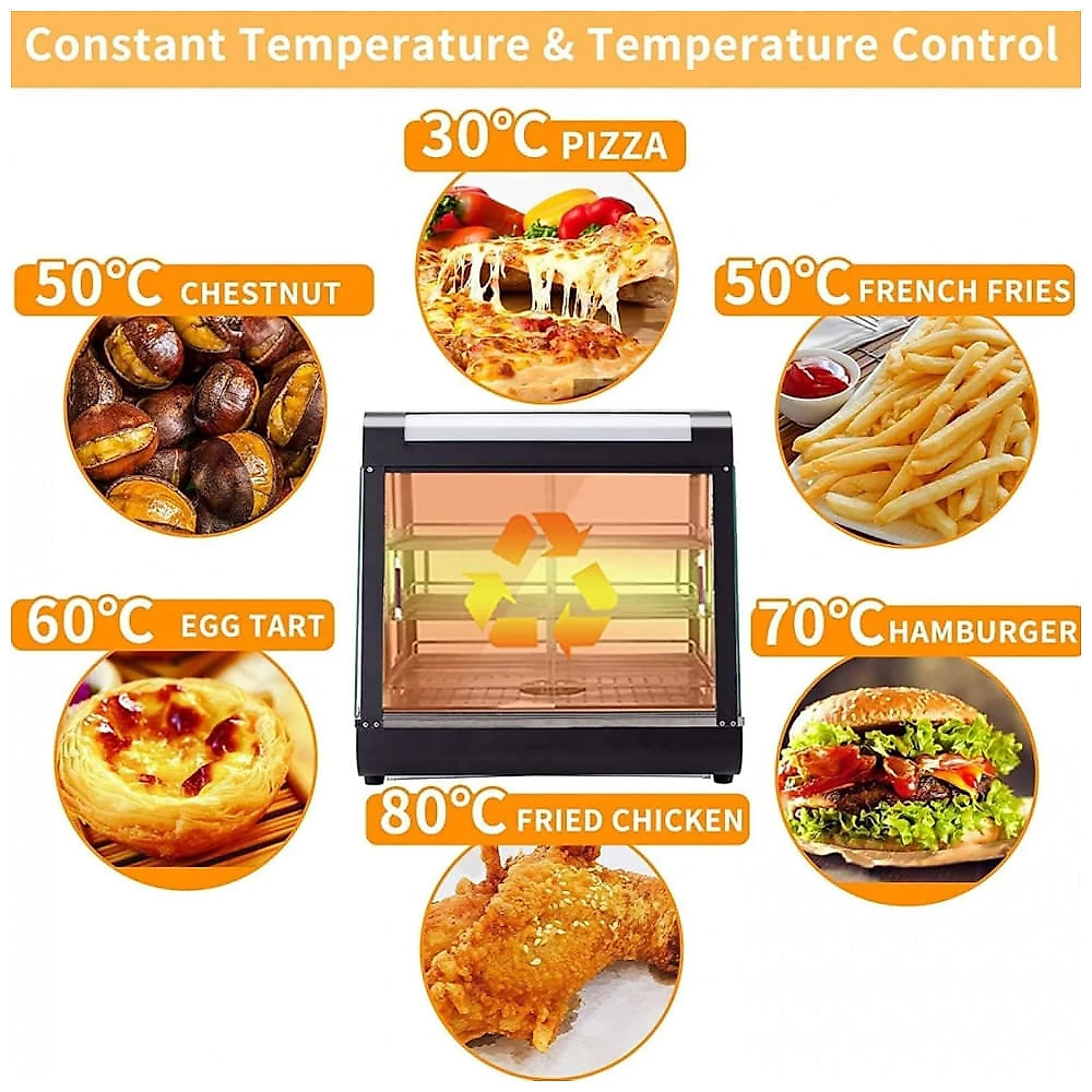 Aquecedor de Alimentos 3 Andares Whalefall Preto Aquecimento 3D Portas de Vidro Deslizantes Aço Inoxidável 69 cm para Buffet Restaurantes