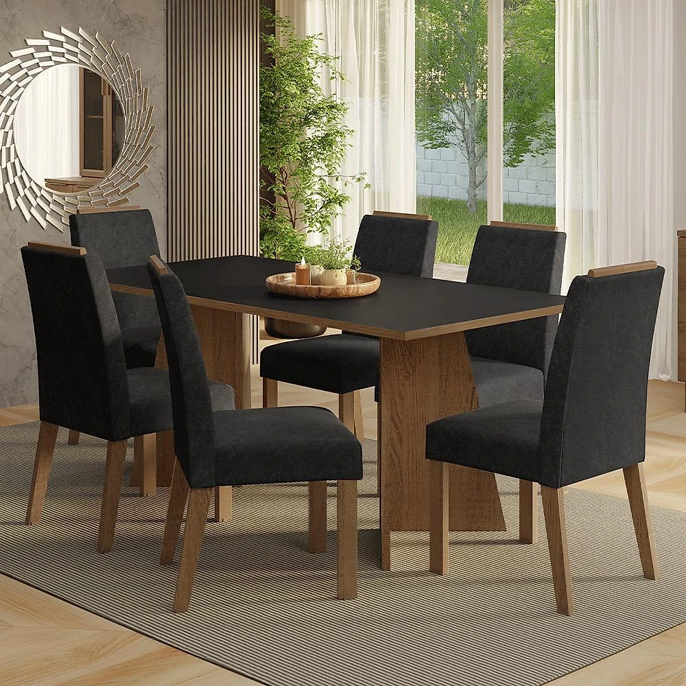 Conjunto sala de jantar tampo de madeira 6 cadeiras rustic/preto/oxford minsk madesa