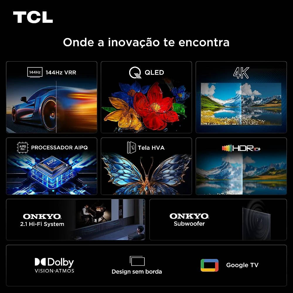 Smart TV TCL 55 Polegadas QLED 4K P8K WiFi Bluetooth Google TV 144Hz HDR10+ Dolby Atmos Vision 55P8K