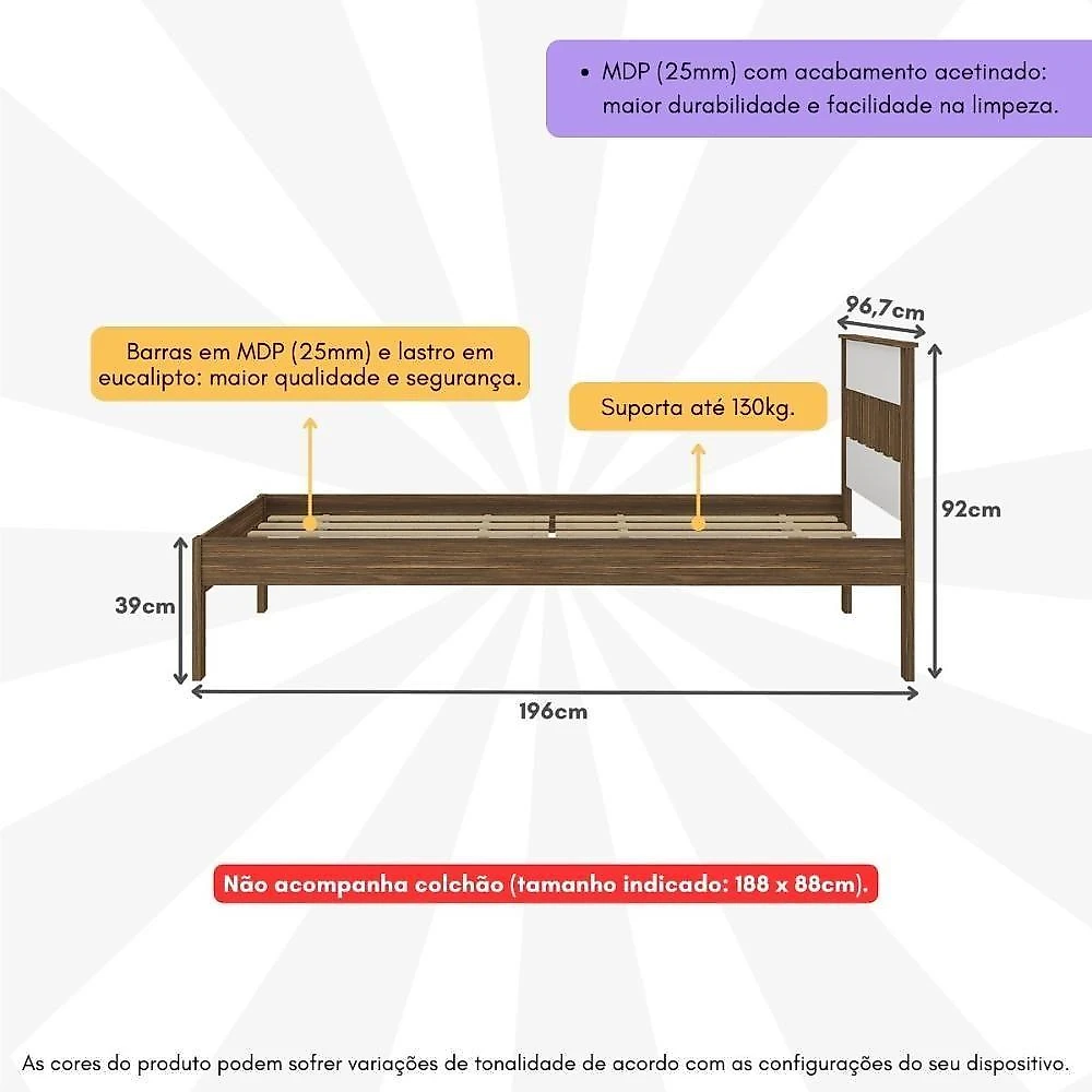 Cama De Solteiro Para Colchão 88 X 188 Cm Multimóveis Nogal Branco