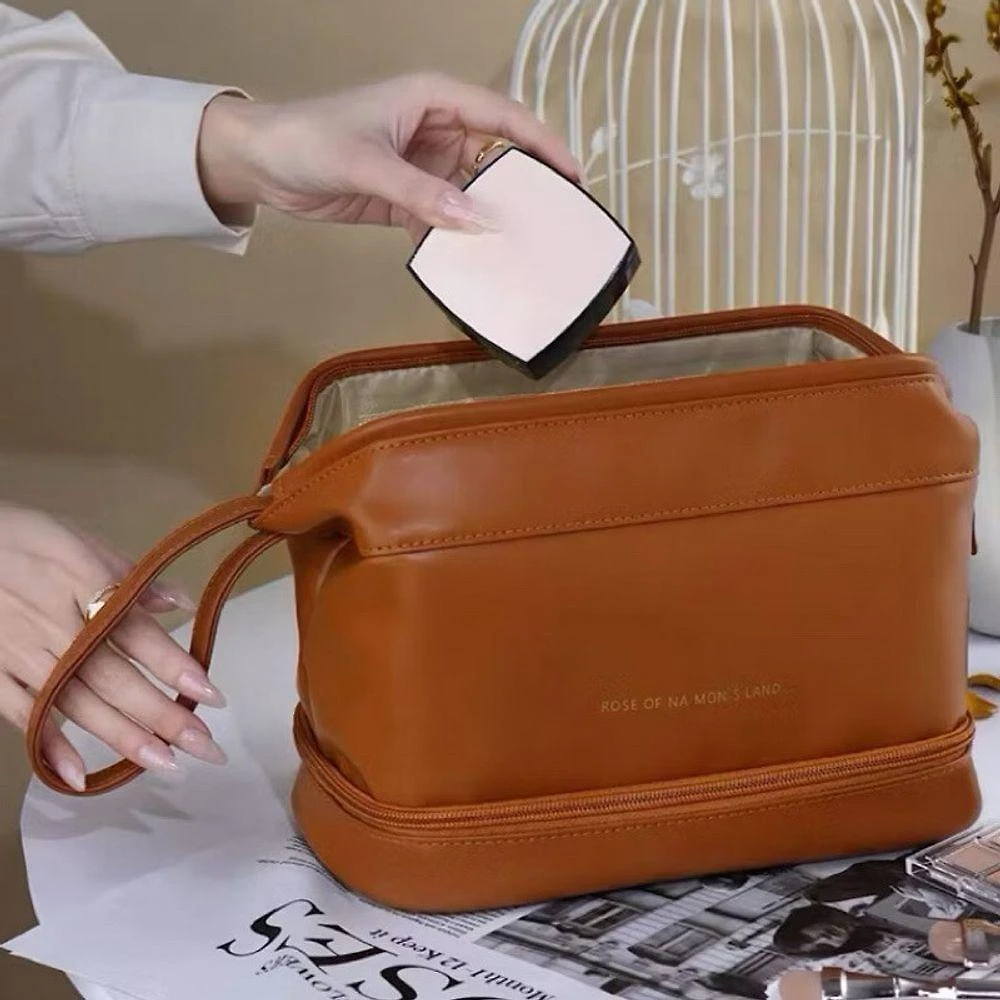Bolsa Necessaire OEM Super Espaçosa Maquiagem em Couro PU Marrom para Viagem Feminina