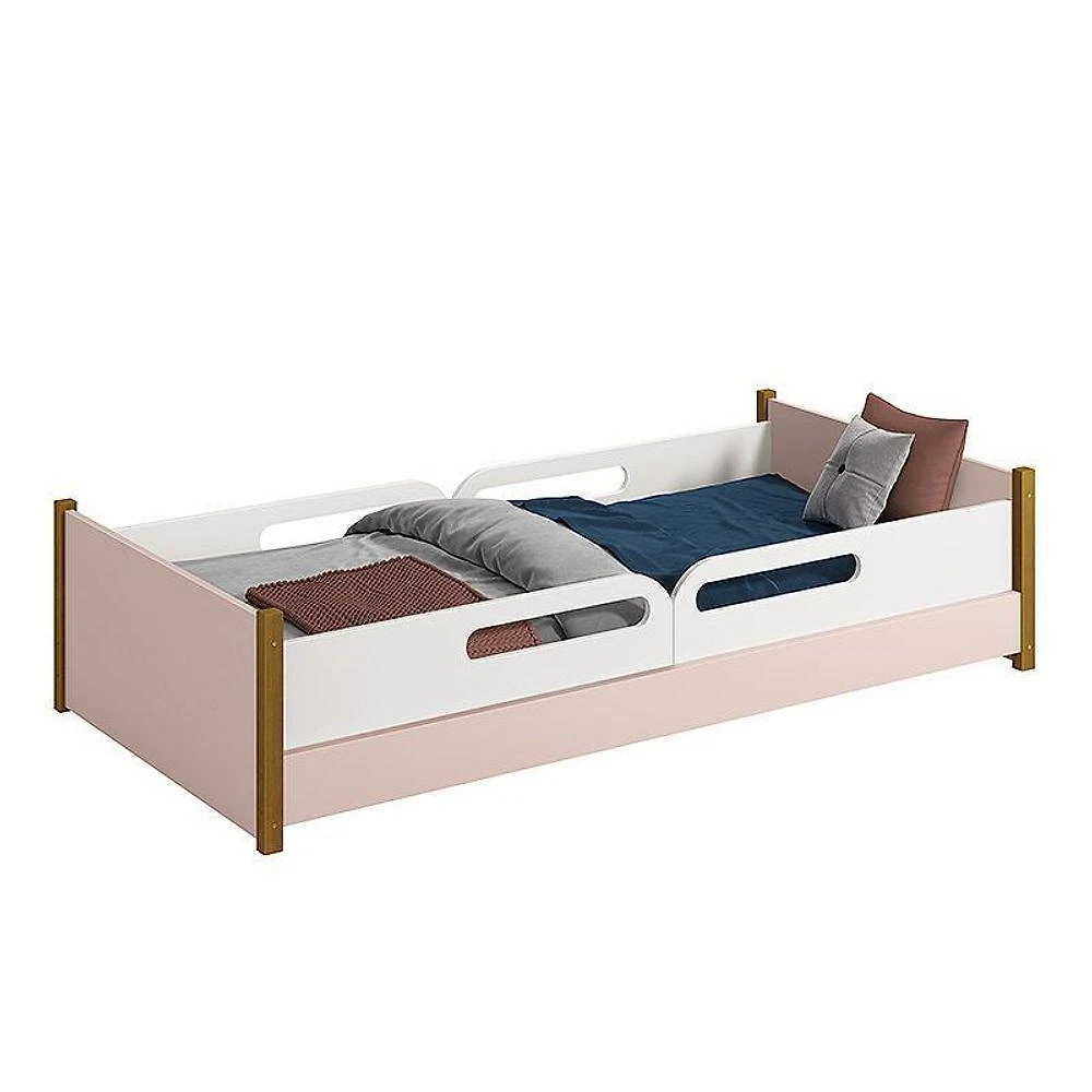 Cama Evolutiva Ravi Rosa Fosco Com Pés Amadeirado E 2 Kits Proteção Lateral Usinada - Reller Móveis Rosa Fosco