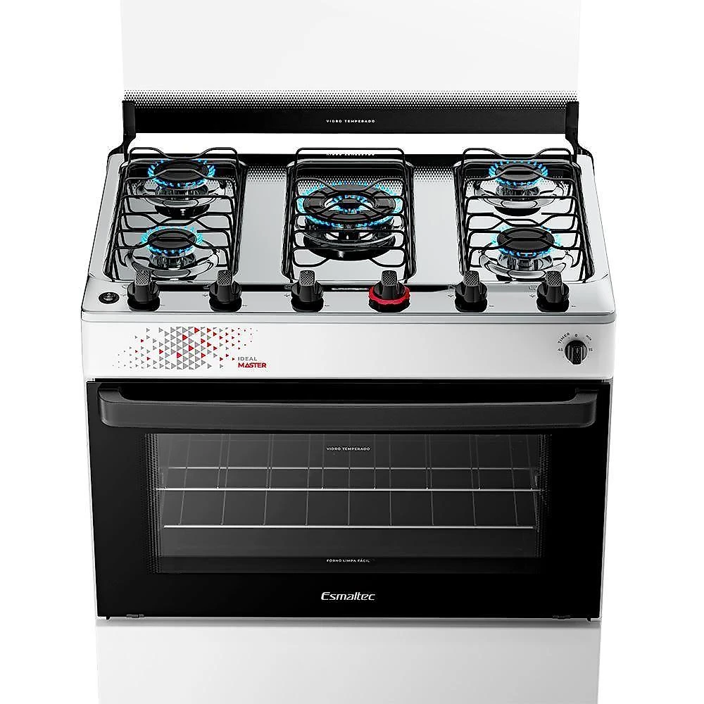 Fogão A Gás Mesa Inox Tampa De Vidro Forno 84L Esmaltec Ideal Master Branco 5 Bocas Bivolt