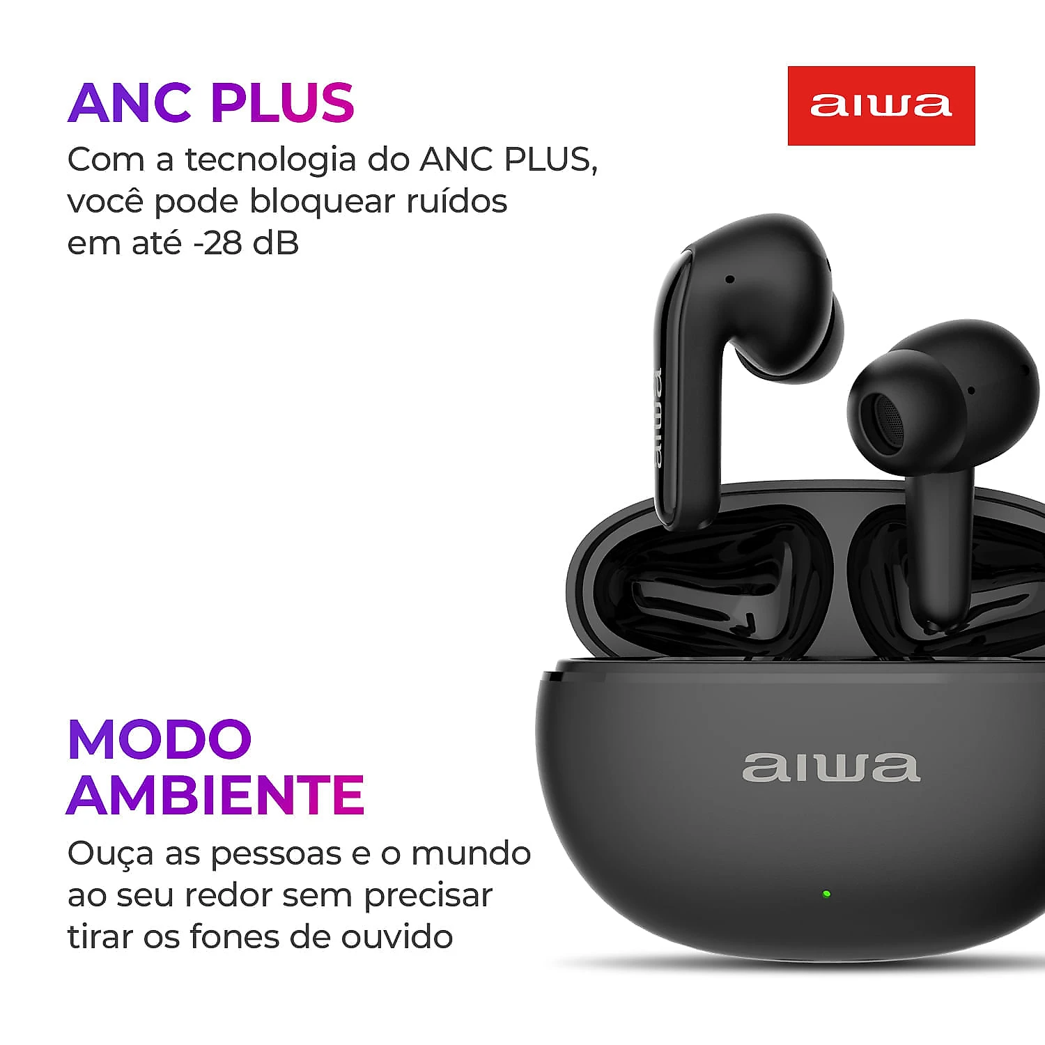 Fone de Ouvido Earbud AIWA EB-01-B BT IPX5 ANC Modo Ambiente BIV
