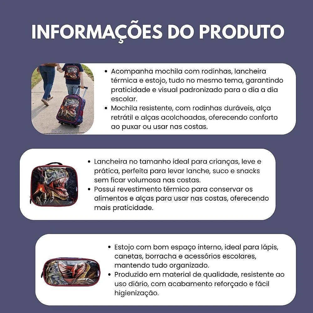Kit Escolar Trex Para Meninos Mochila + Lancheira + Estojo Reforçada Resistente 17' - Trex Attack Azul Escuro