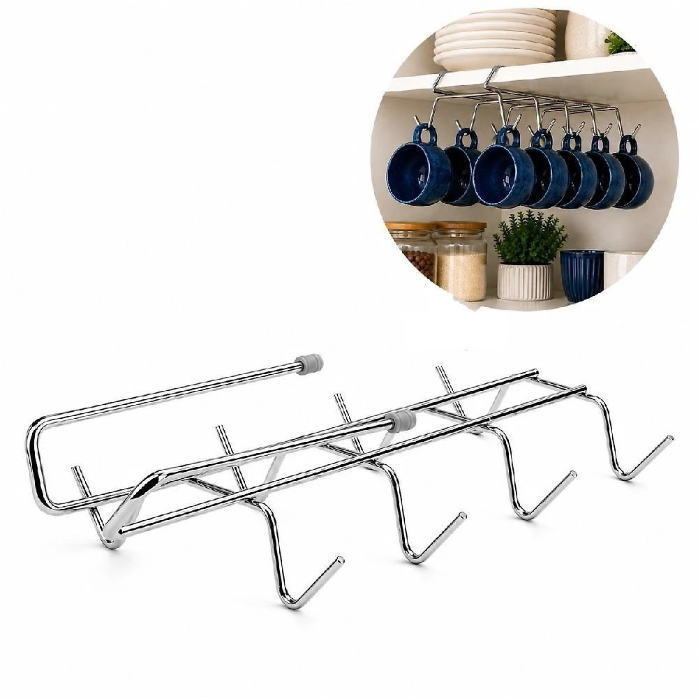 Suporte Organizador para Xicaras Canecas Copos com Alca Metal Cromado Encaixe em Prateleira Cozinha