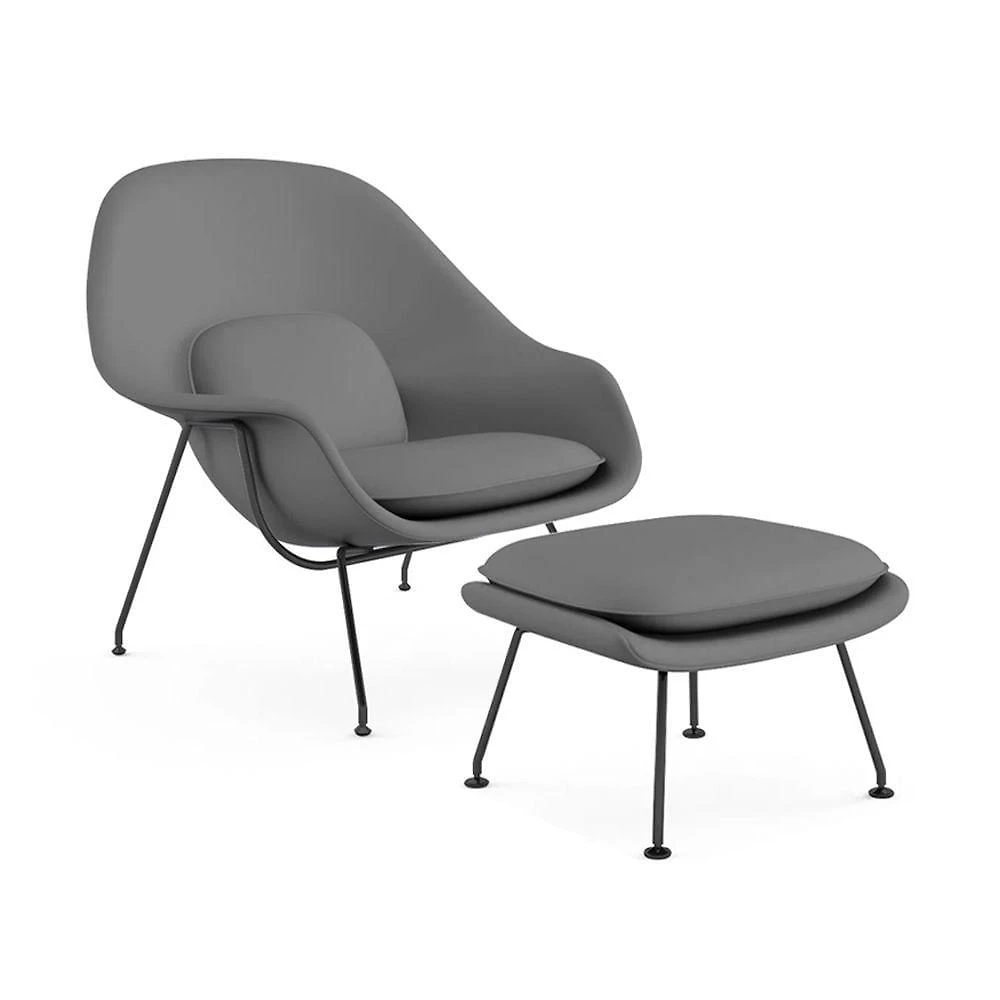 Poltrona Womb Chair Premium Com Puff Base Preta Sintético Cinza