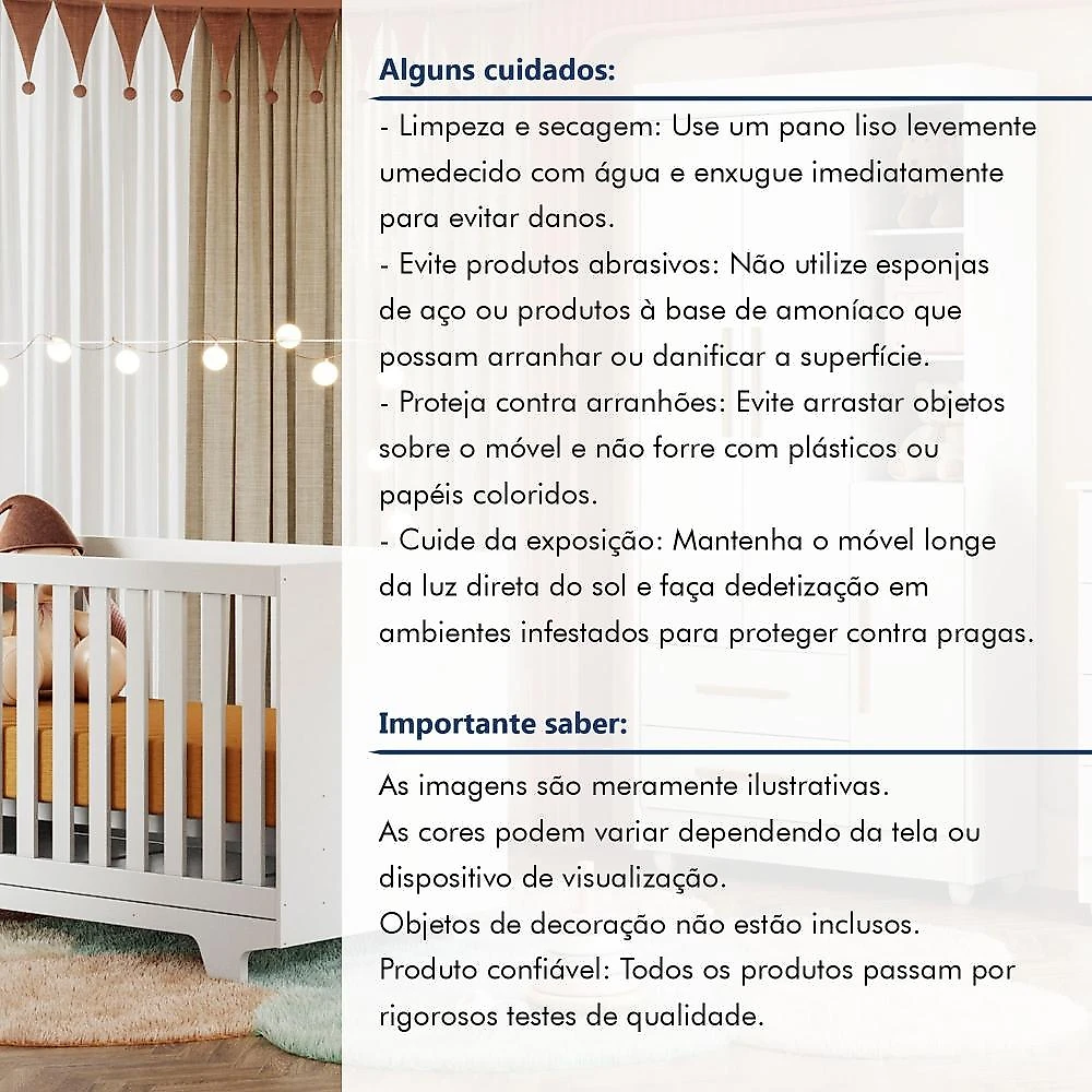 Quarto de Bebê Guarda Roupa 3 Portas e Berço Mini Cama 100% MDF com Colchão Nina  Branco