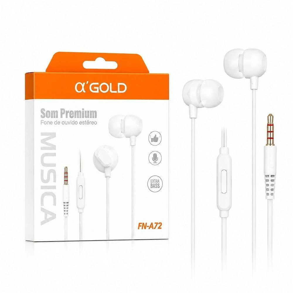 Fone de Ouvido Intra-auricular 'Gold FN-A72 com Microfone Conector P2 3,5 mm Som Estéreo Branco
