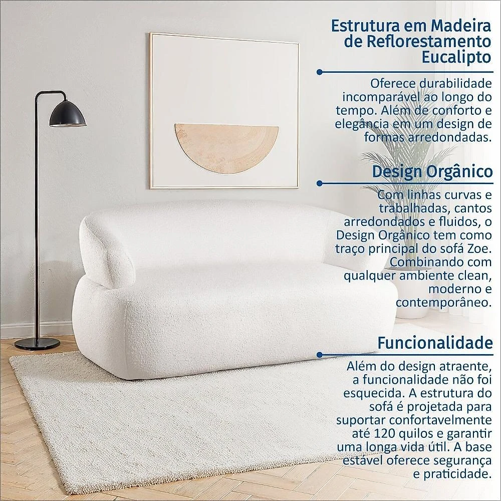 Conjunto 1 Sofá Orgânico 160cm e 2 Poltronas Base Giratória e Orgânicas Zoe Espresso Móveis Off White