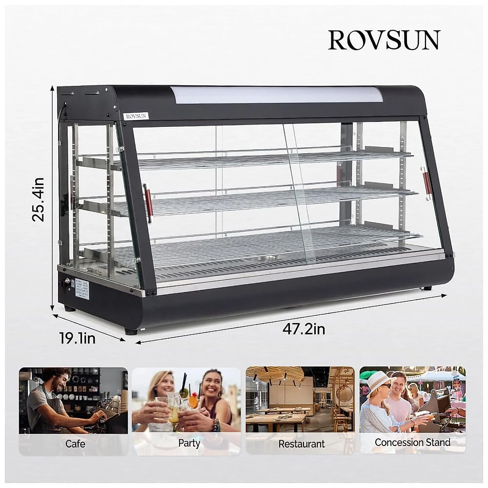 Expositor Aquecedor de Alimentos ROVSUN Preto 3 Níveis 122 cm com Prateleiras Ajustáveis Removíveis e Portas Duplas, 110V.