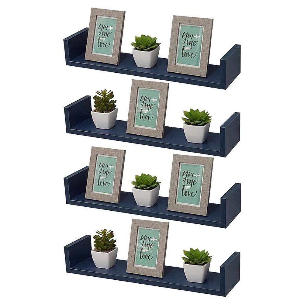 Prateleira Kit 4 U 50X15CM MDP Fixação Suporte Invisível Moderno Sala Azul Mercado das Prateleiras