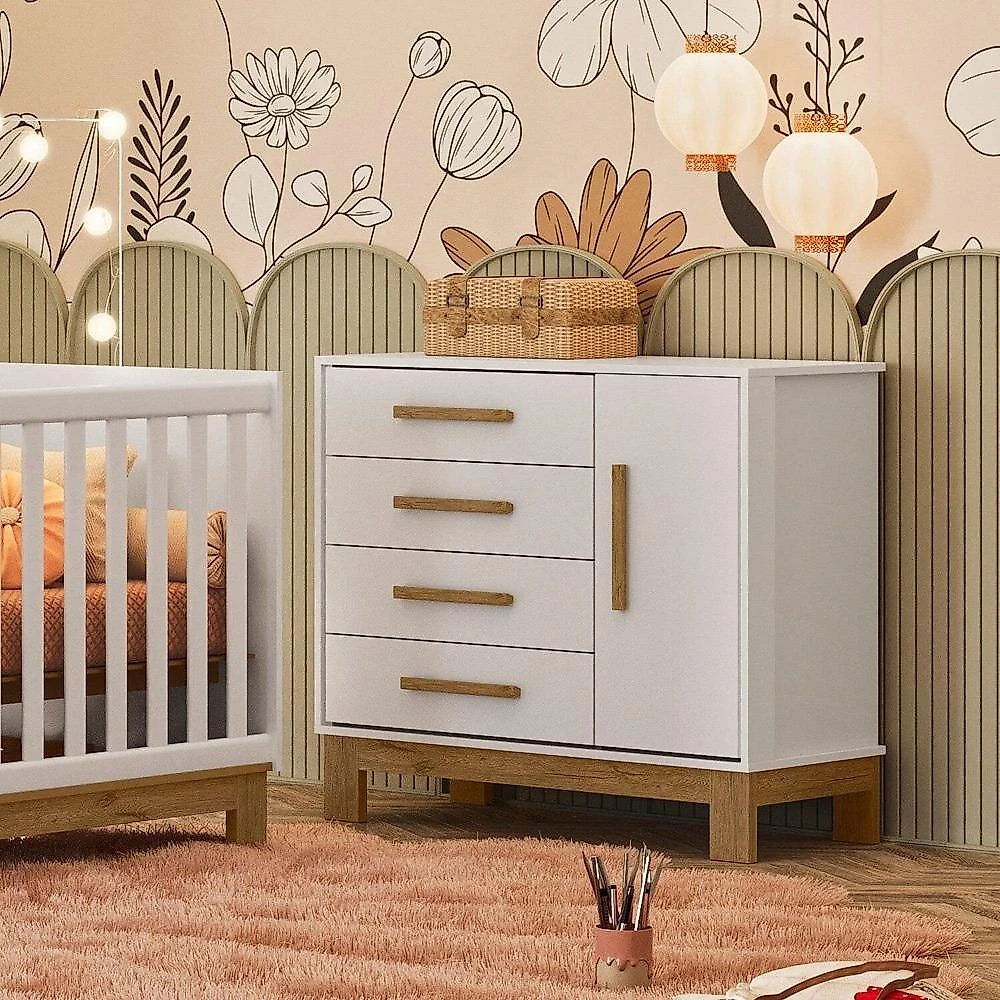 Quarto para Bebê Completo 3 Peças Guarda-Roupa, Cômoda e Berço Encanto Slim Conjunto para Quarto de Bebê Encanto Slim Branco Acetinado