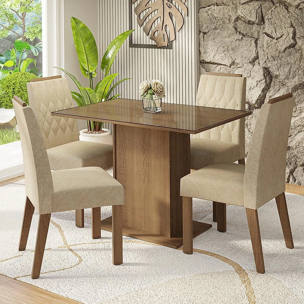 Conjunto sala de jantar tampo de vidro 4 cadeiras pitanga madesa rustic/imperial