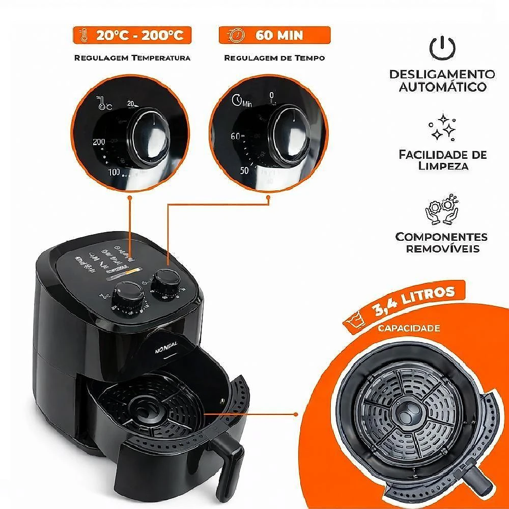 Air Fryer Elétrica Yeet sem Óleo 3,4L Turbo com Grelha Cesto Removível Preto 110V