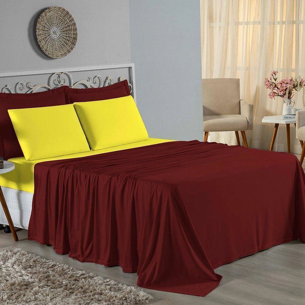 Jogo De Cama Queen Nobre 4 Peças Lençol Com Elástico De 30cm De Altura Malha 100% Algodão - Vinho / Amarelo