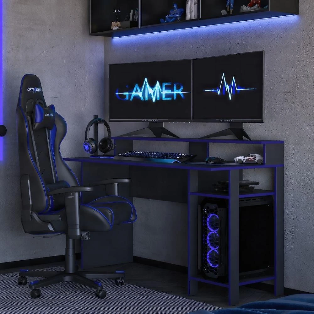 Miniatura Mesa Gamer para Computador 136cm Multimóveis CR25357 Grafite/Azul