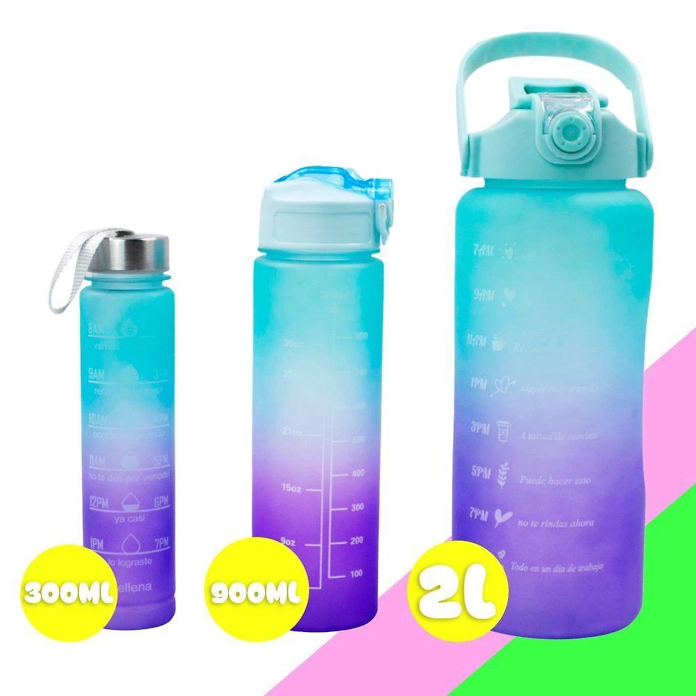 Kit 3 Garrafas Squeeze Degrade para Água 2L 900ml 300ml Plástico com Trava de Segurança Tampa Verde