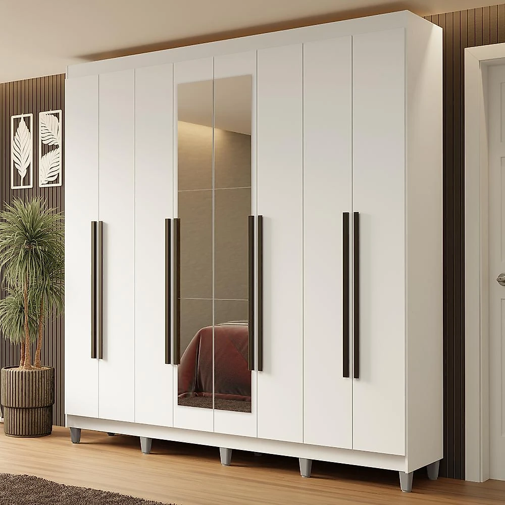 Guarda-roupa casal com pés 8 portas batentes com espelho branco/branco/preto netuno madesa