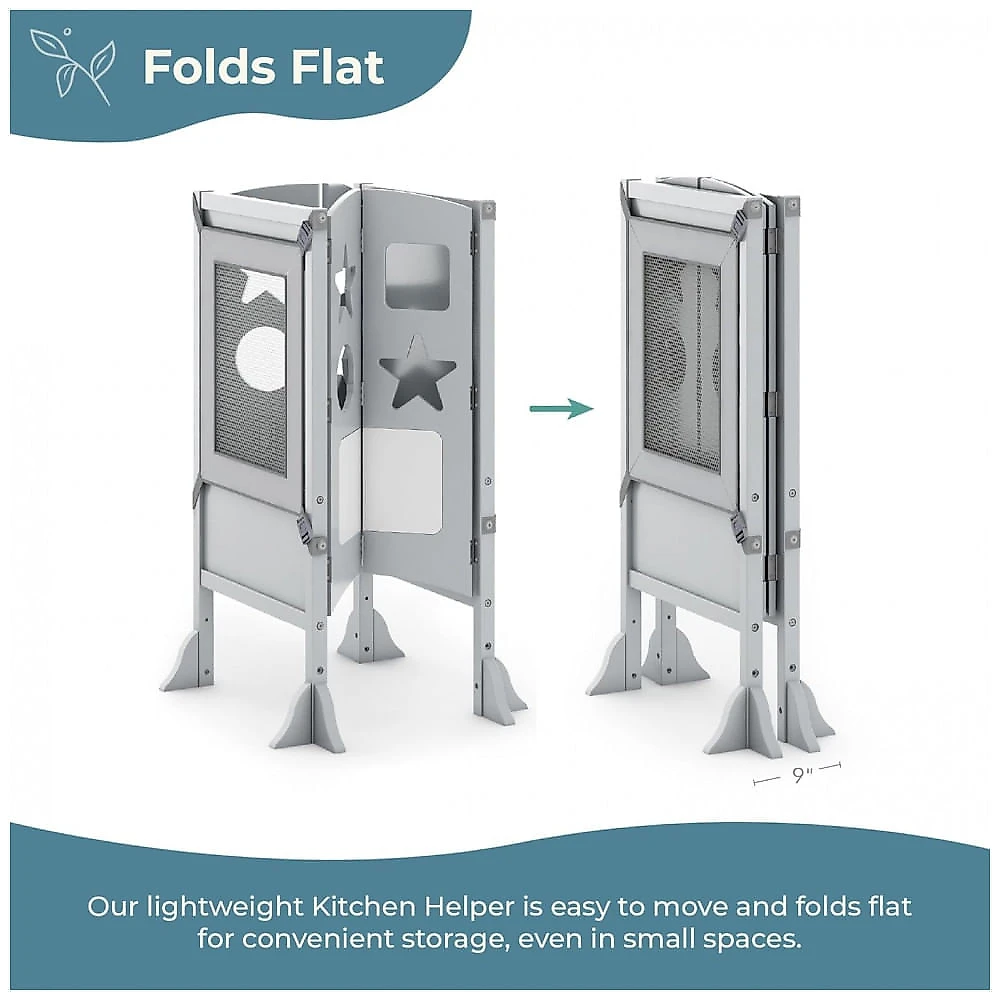Banqueta Torre de Aprendizagem Dobrável Guidecraft Classic Kitchen Helper Cinza Madeira Bétula Altura Ajustável