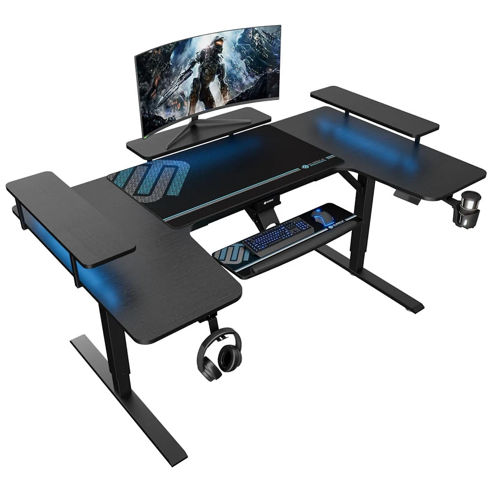 Miniatura Mesa Gamer Ergonômica  74" 187 cm com Altura Ajustável, Ganchos para Fones de Ouvido, Prateleiras Conversíveis e Suporte para Monitor, 110V, EUREKA 110v