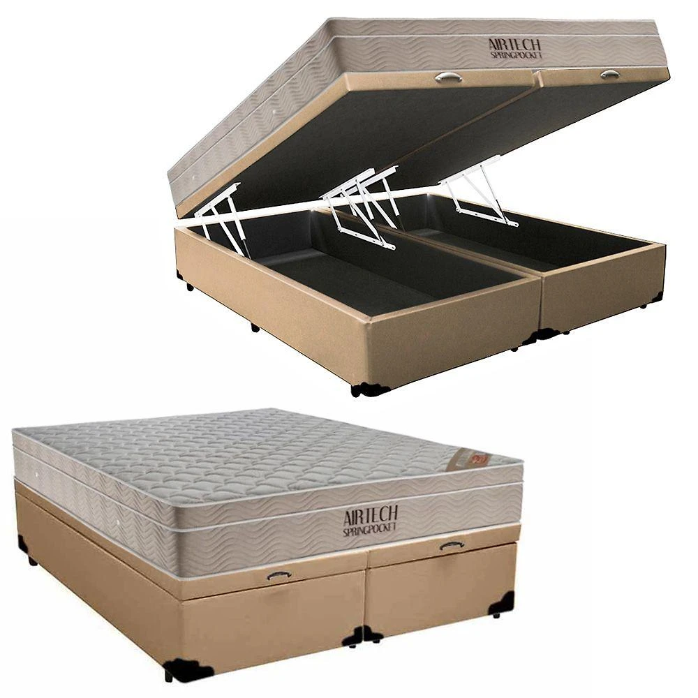 Cama Box Baú Queen Sintético Bipartido + Colchão Ortobom Airtech Molas Ensacadas 65x158x198 Cor:bege